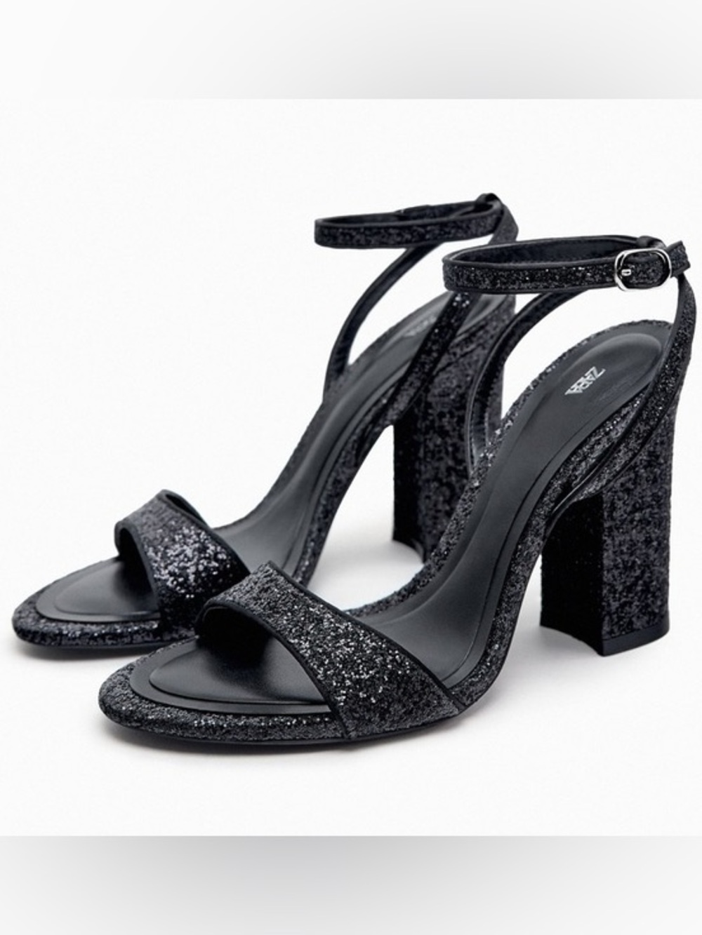 Zara Black Glitter Block Heel Women’s 39 Ankle Strap Open Toe Shoes Glamour Prom
